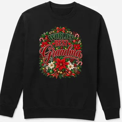 Colorful Christmas flowers frame the text World's Best Grandma on a festive T-shirt. — printed on a unisex sweatshirt