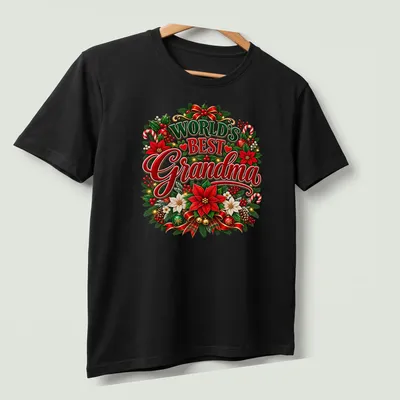 Colorful Christmas flowers frame the text World's Best Grandma on a festive T-shirt. — printed on a unisex t-shirt (angled view)