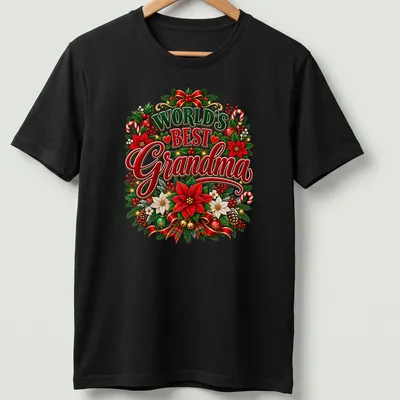 Colorful Christmas flowers frame the text World's Best Grandma on a festive T-shirt.