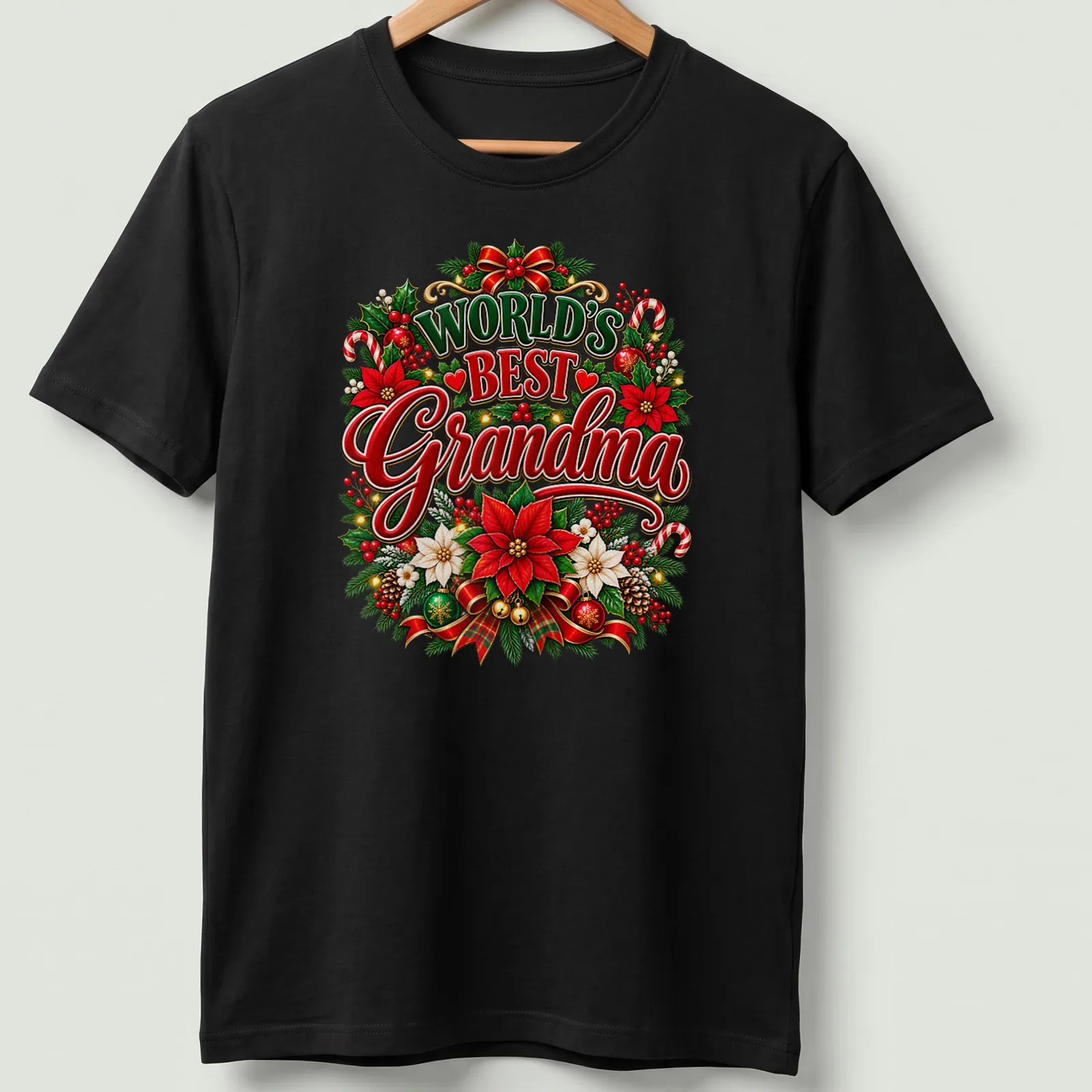 Colorful Christmas flowers frame the text World's Best Grandma on a festive T-shirt. — printed on a unisex t-shirt