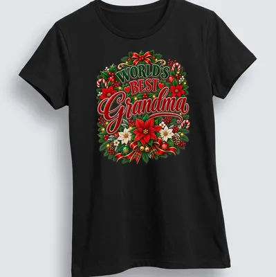 Colorful Christmas flowers frame the text World's Best Grandma on a festive T-shirt. — printed on a women's shirt