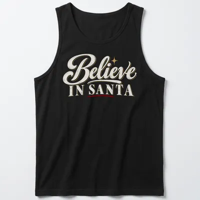 Vintage script Christmas shirt with Believe IN SANTA text in white, gold, red, and black. — printed on a tank top