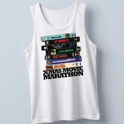 Retro design featuring VHS tapes and Xmas Movie Marathon text. — printed on a tank top