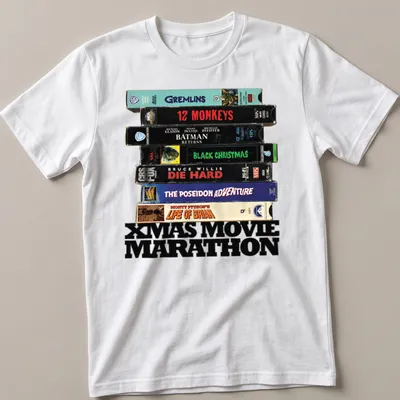 Retro design featuring VHS tapes and Xmas Movie Marathon text.