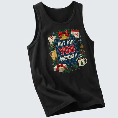 Vintage illustrated Christmas party shirt with humorous text about documentation — printed on a tank top