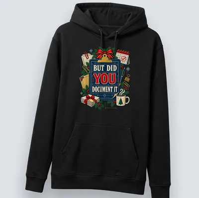 Vintage illustrated Christmas party shirt with humorous text about documentation — printed on a unisex hoodie