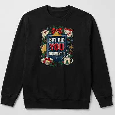 Vintage illustrated Christmas party shirt with humorous text about documentation — printed on a unisex sweatshirt