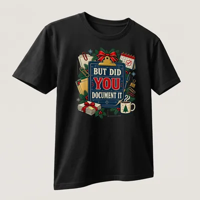 Vintage illustrated Christmas party shirt with humorous text about documentation — printed on a unisex t-shirt (angled view)