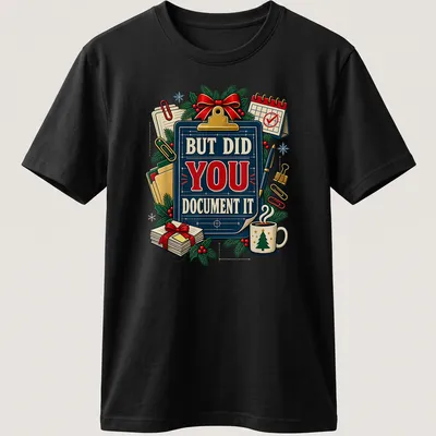 Vintage illustrated Christmas party shirt with humorous text about documentation