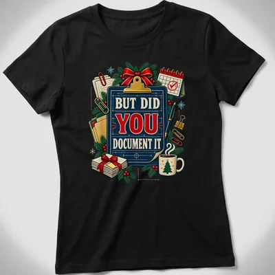 Vintage illustrated Christmas party shirt with humorous text about documentation — printed on a women's shirt