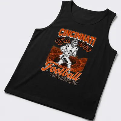 Vintage retro Cincinnati Football t-shirt featuring a player and established year — printed on a tank top