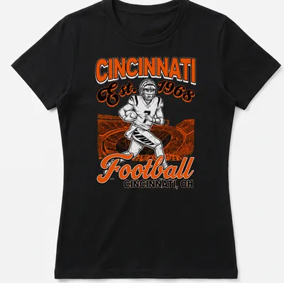 Vintage retro Cincinnati Football t-shirt featuring a player and established year — printed on a women's shirt