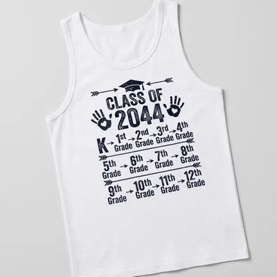Distressed Graduation themed t-shirt with handprints and text for Class of 2044 — printed on a tank top