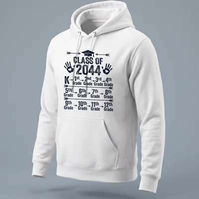Distressed Graduation themed t-shirt with handprints and text for Class of 2044 — printed on a unisex hoodie