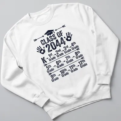 Distressed Graduation themed t-shirt with handprints and text for Class of 2044 — printed on a unisex sweatshirt