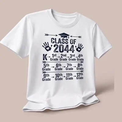 Distressed Graduation themed t-shirt with handprints and text for Class of 2044 — printed on a unisex t-shirt (angled view)