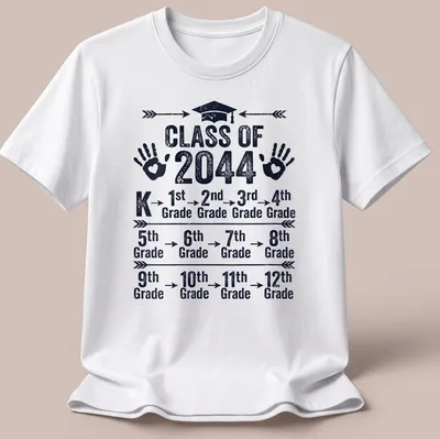 Distressed Graduation themed t-shirt with handprints and text for Class of 2044