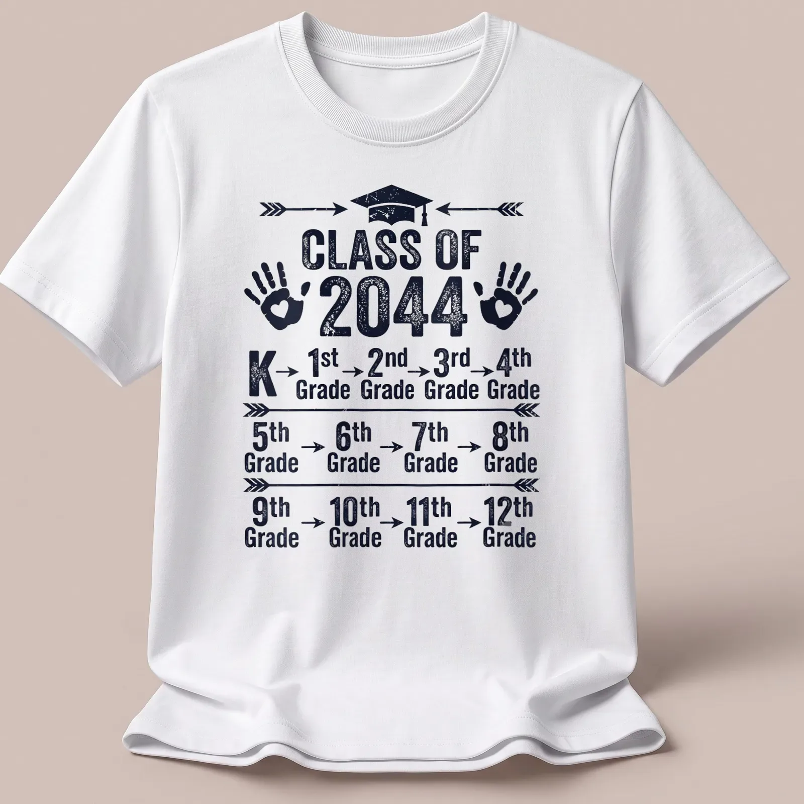 Distressed Graduation themed t-shirt with handprints and text for Class of 2044 — printed on a unisex t-shirt