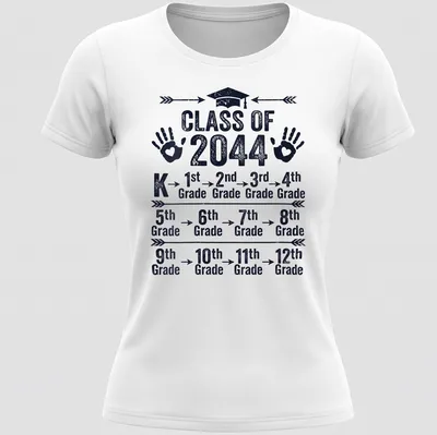 Distressed Graduation themed t-shirt with handprints and text for Class of 2044 — printed on a women's shirt