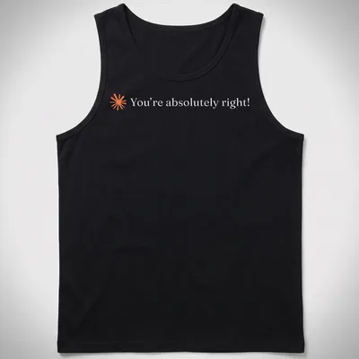 Minimalist tee featuring the text You're absolutely right! in orange on white. — printed on a tank top