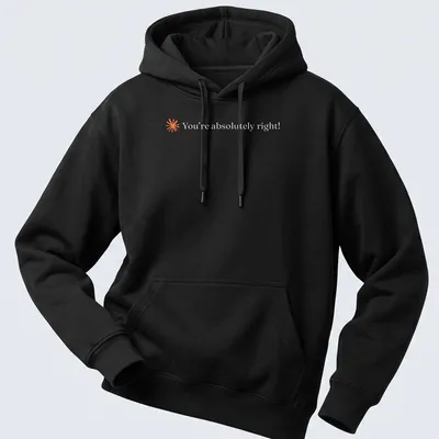 Minimalist tee featuring the text You're absolutely right! in orange on white. — printed on a unisex hoodie