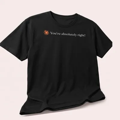 Minimalist tee featuring the text You're absolutely right! in orange on white. — printed on a unisex t-shirt (angled view)
