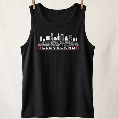 Cleveland skyline with basketball elements and player names in modern minimalist style — printed on a tank top