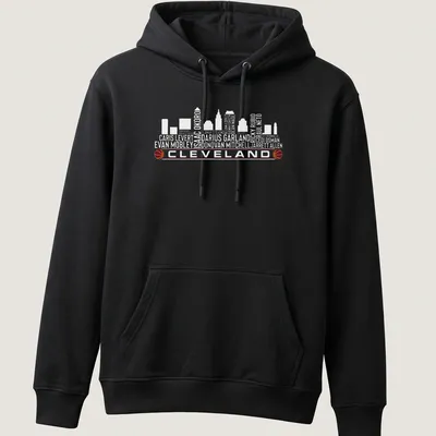 Cleveland skyline with basketball elements and player names in modern minimalist style — printed on a unisex hoodie