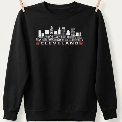 Cleveland skyline with basketball elements and player names in modern minimalist style — printed on a unisex sweatshirt
