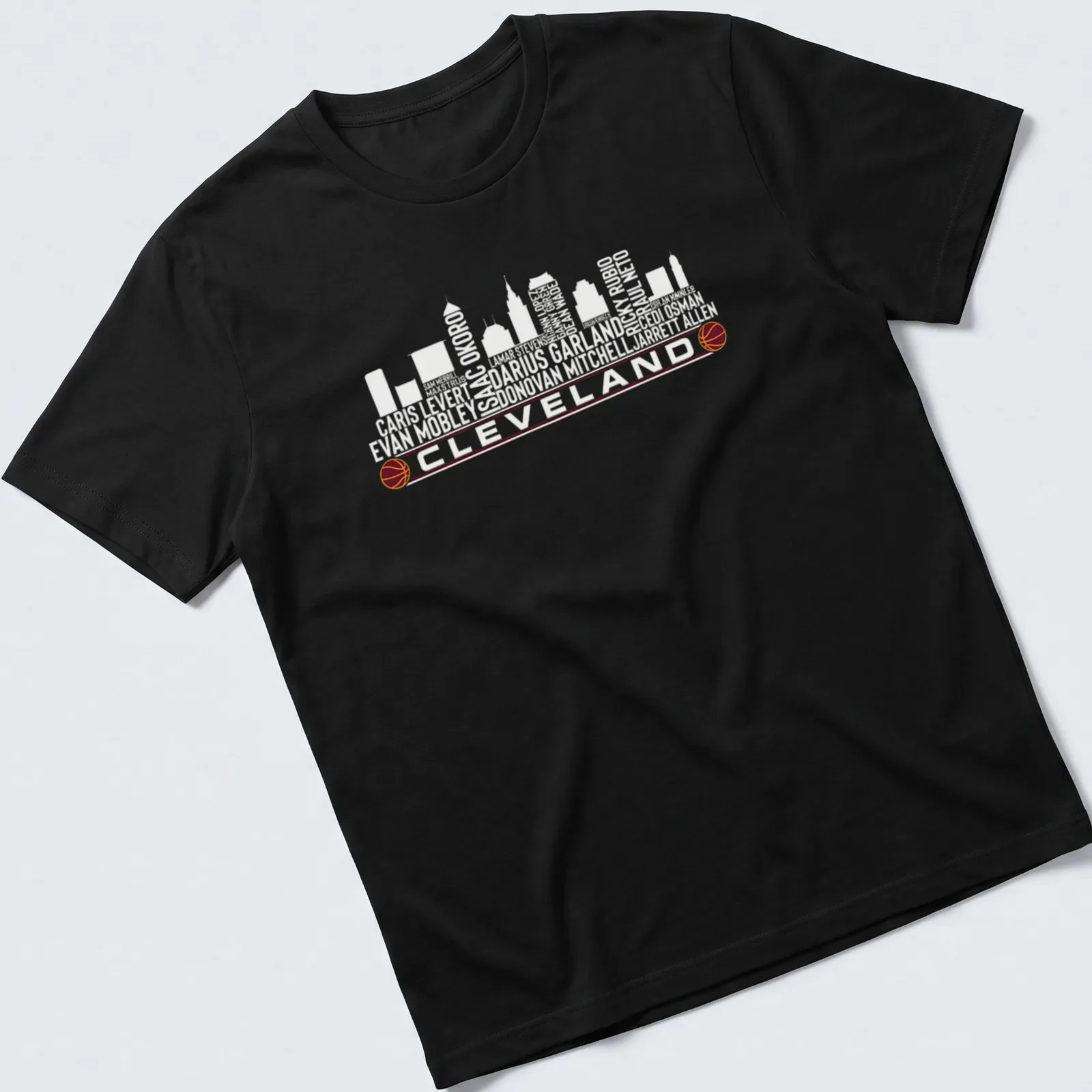 Cleveland skyline with basketball elements and player names in modern minimalist style — printed on a unisex t-shirt