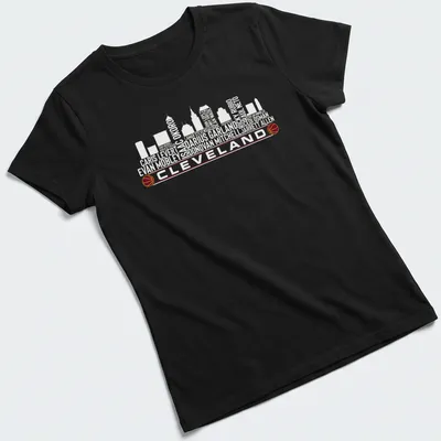 Cleveland skyline with basketball elements and player names in modern minimalist style — printed on a women's shirt