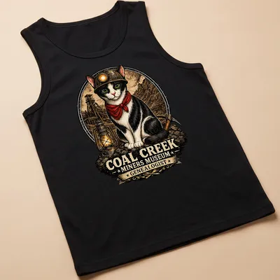 Vintage illustration of a cat in a miner's hat with genealogy text — printed on a tank top