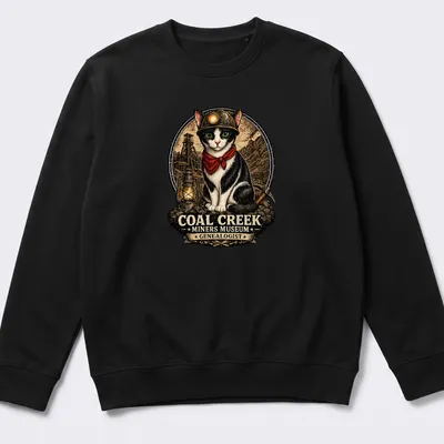 Vintage illustration of a cat in a miner's hat with genealogy text — printed on a unisex sweatshirt