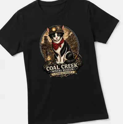 Vintage illustration of a cat in a miner's hat with genealogy text — printed on a women's shirt