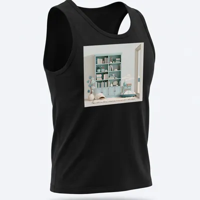 Minimalist illustration of a summer house with coastal decor in soft colors — printed on a tank top