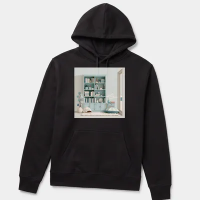 Minimalist illustration of a summer house with coastal decor in soft colors — printed on a unisex hoodie