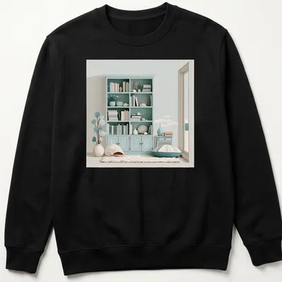 Minimalist illustration of a summer house with coastal decor in soft colors — printed on a unisex sweatshirt
