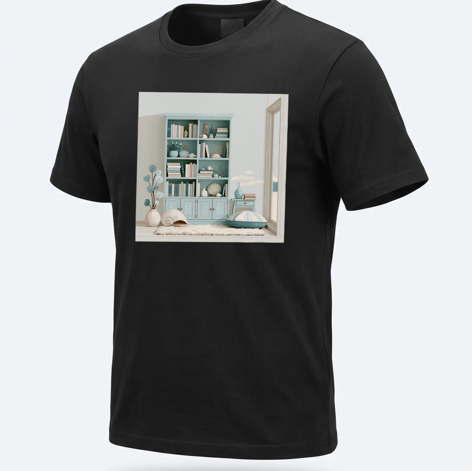 Minimalist illustration of a summer house with coastal decor in soft colors — printed on a unisex t-shirt