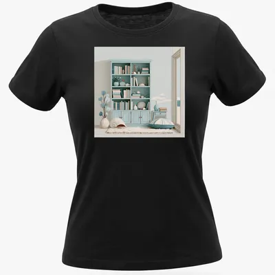 Minimalist illustration of a summer house with coastal decor in soft colors — printed on a women's shirt