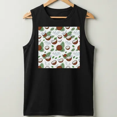 Playful illustration of coconuts and palm leaves in brown, green, white, and blue. — printed on a tank top