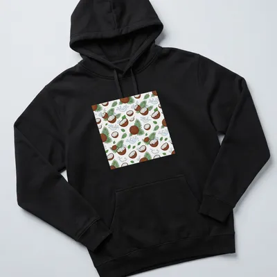 Playful illustration of coconuts and palm leaves in brown, green, white, and blue. — printed on a unisex hoodie