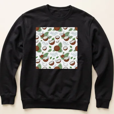 Playful illustration of coconuts and palm leaves in brown, green, white, and blue. — printed on a unisex sweatshirt