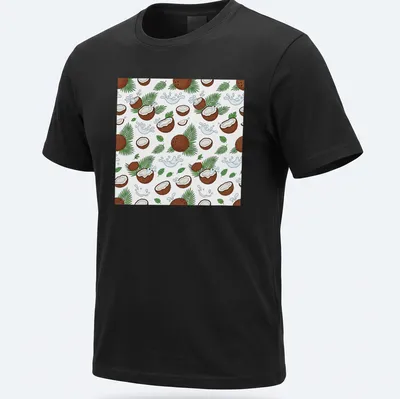 Playful illustration of coconuts and palm leaves in brown, green, white, and blue. — printed on a unisex t-shirt
