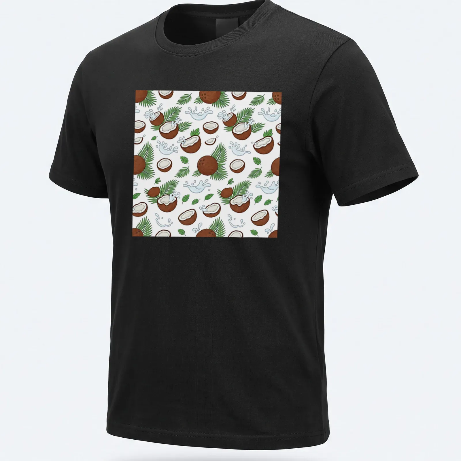 Playful illustration of coconuts and palm leaves in brown, green, white, and blue. — printed on a unisex t-shirt