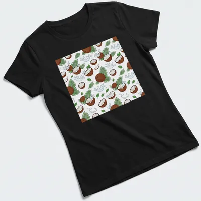 Playful illustration of coconuts and palm leaves in brown, green, white, and blue. — printed on a women's shirt