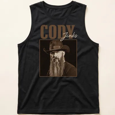 Vintage sepia portrait of Cody Jinks in cowboy hat with text — printed on a tank top