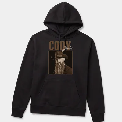 Vintage sepia portrait of Cody Jinks in cowboy hat with text — printed on a unisex hoodie