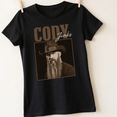 Vintage sepia portrait of Cody Jinks in cowboy hat with text — printed on a women's shirt