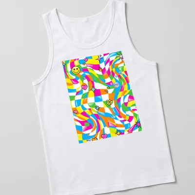Vintage abstract floral pattern with smiley faces in bright colors — printed on a tank top
