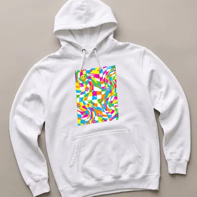 Vintage abstract floral pattern with smiley faces in bright colors — printed on a unisex hoodie